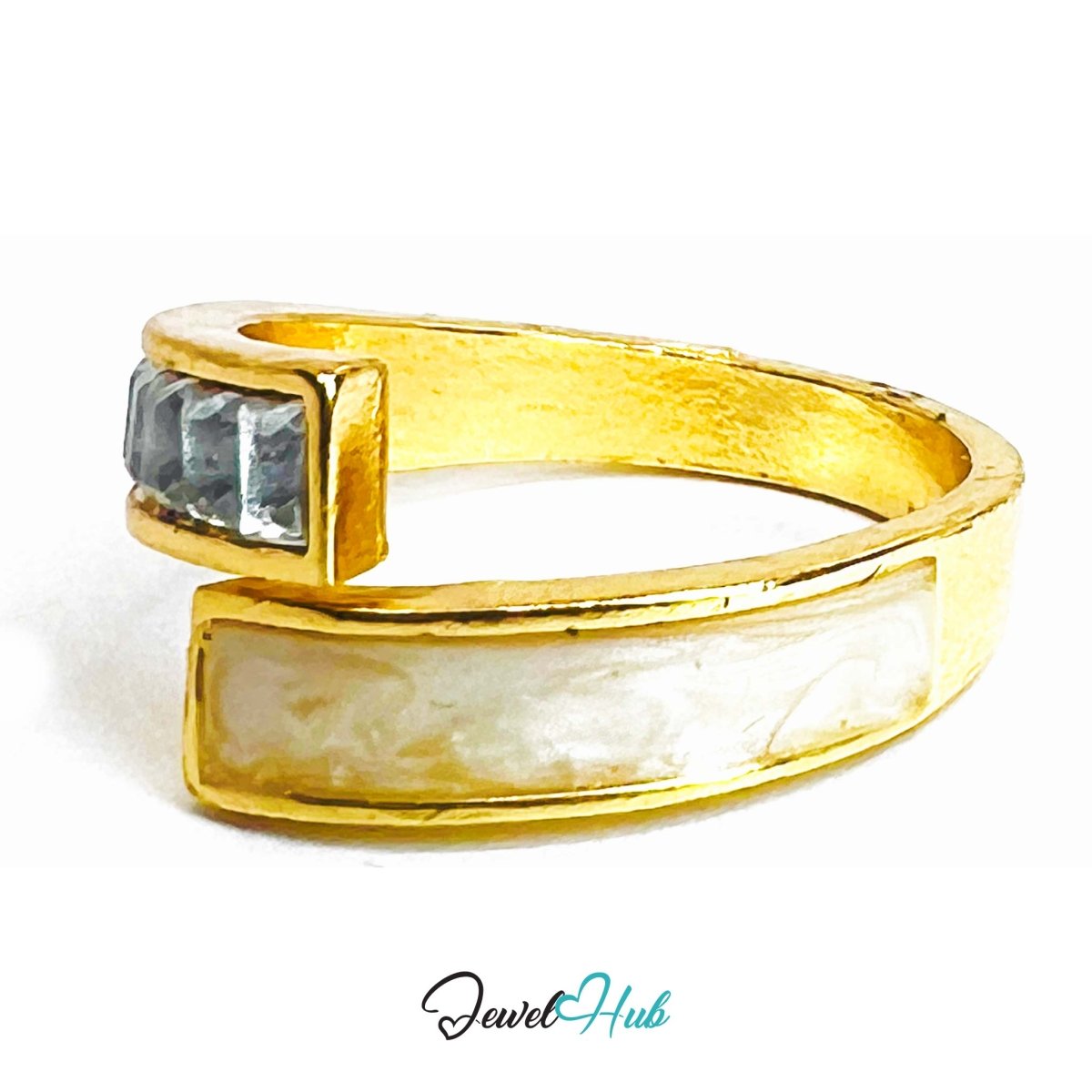 Dual Crystal Gold Bypass Ring – Baguette Diamond Statement Fixed N - JewelHub.co.uk