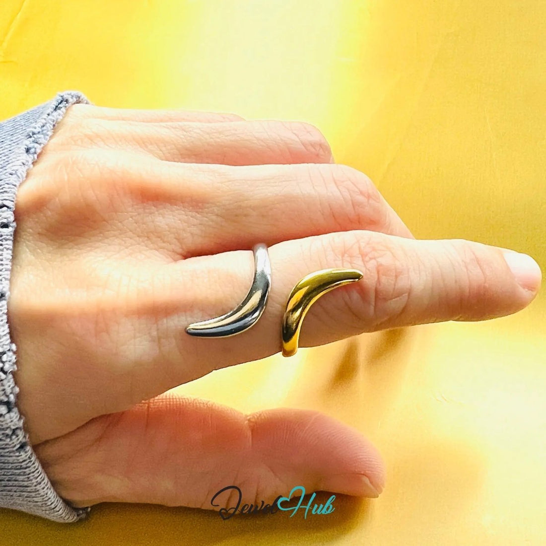 DueTone Dual - Prong HornCrest Stainless Steel Ring · Adjustable OPQ · Modernism - JewelHub.co.uk