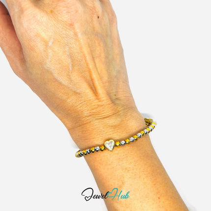 DuoTone 316L Stainless Steel Bead Bracelet – Heart Zirconia Accent - JewelHub.co.uk