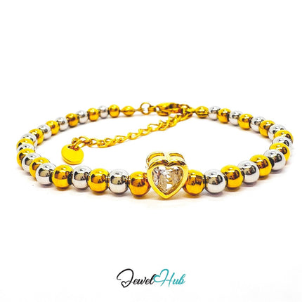 DuoTone 316L Stainless Steel Bead Bracelet – Heart Zirconia Accent - JewelHub.co.uk