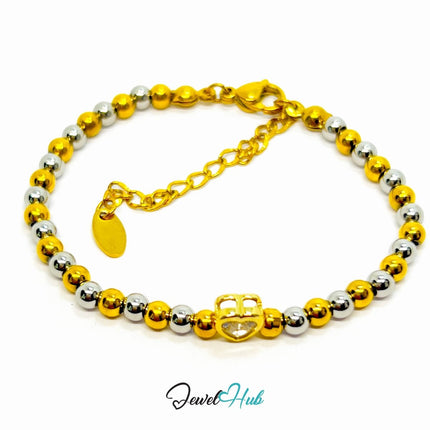 DuoTone 316L Stainless Steel Bead Bracelet – Heart Zirconia Accent - JewelHub.co.uk