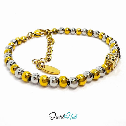 DuoTone 316L Stainless Steel Bead Bracelet – Heart Zirconia Accent - JewelHub.co.uk