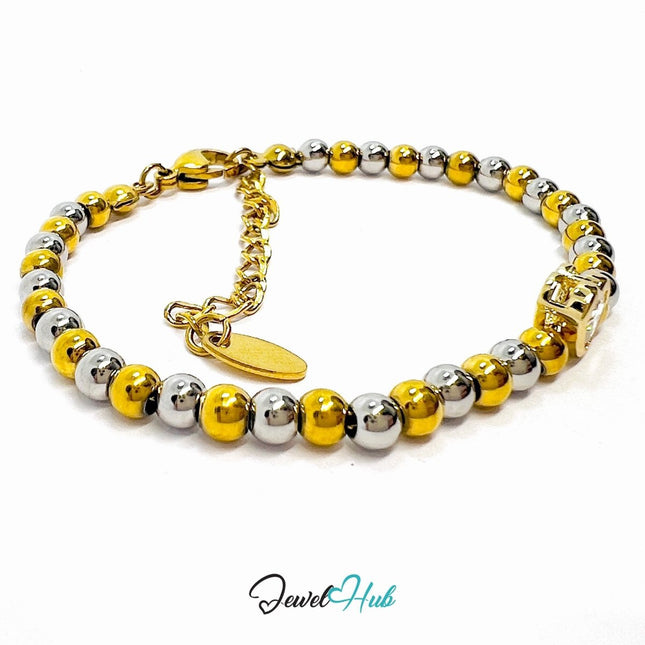 DuoTone 316L Stainless Steel Bead Bracelet – Heart Zirconia Accent - JewelHub.co.uk