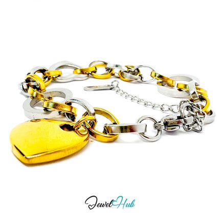 DuoTone 316L Stainless Steel Bracelet – Heart Accent Link Edition - JewelHub.co.uk