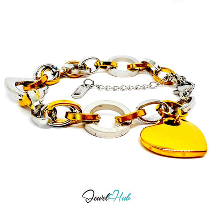 DuoTone 316L Stainless Steel Bracelet – Heart Accent Link Edition - JewelHub.co.uk