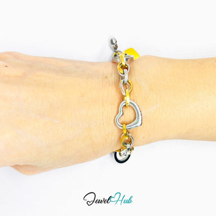 DuoTone 316L Stainless Steel Bracelet – Heart Accent Link Edition - JewelHub.co.uk
