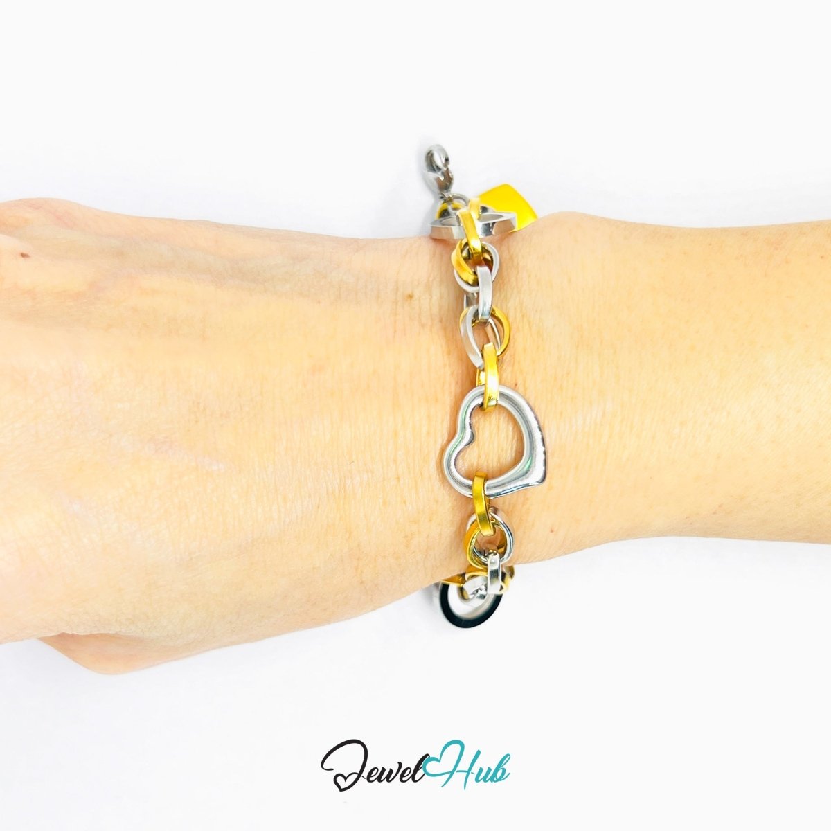DuoTone 316L Stainless Steel Bracelet – Heart Accent Link Edition - JewelHub.co.uk