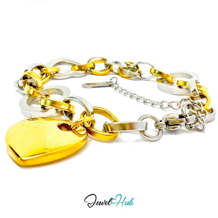 DuoTone 316L Stainless Steel Bracelet – Heart Accent Link Edition - JewelHub.co.uk