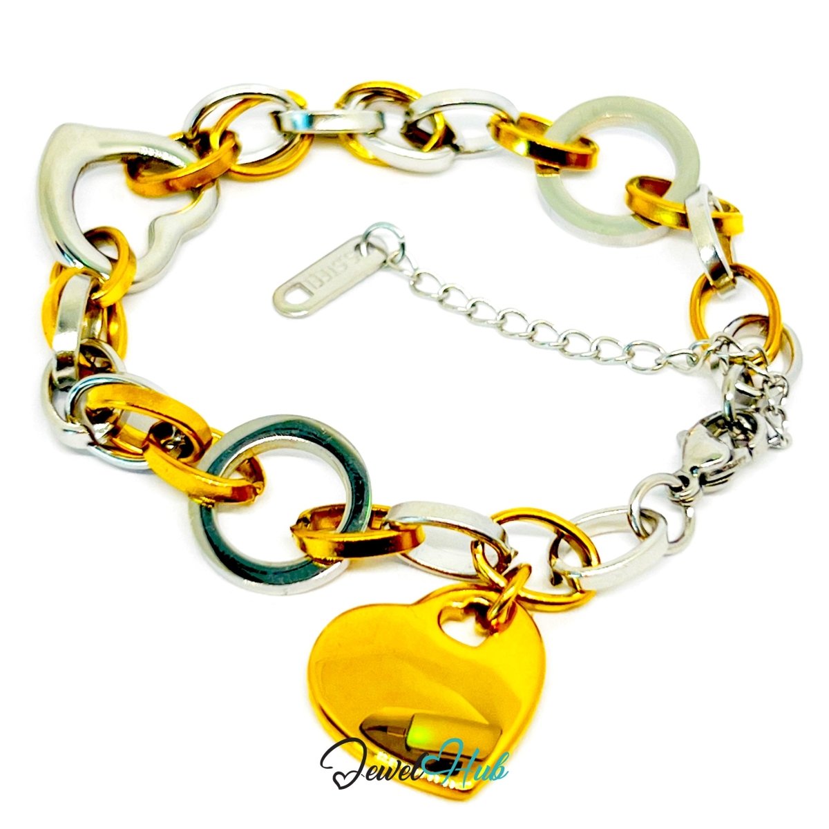 DuoTone 316L Stainless Steel Bracelet – Heart Accent Link Edition - JewelHub.co.uk