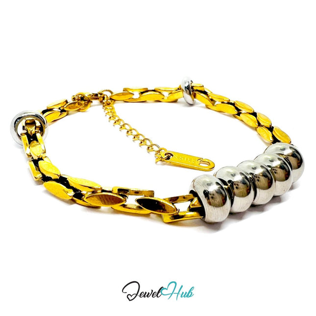 DuoTone 316L Stainless Steel Chain Bracelet - Gold Chain Silver Bead Focus - JewelHub.co.uk