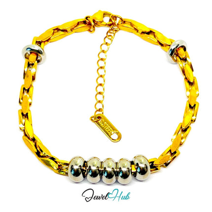 DuoTone 316L Stainless Steel Chain Bracelet - Gold Chain Silver Bead Focus - JewelHub.co.uk