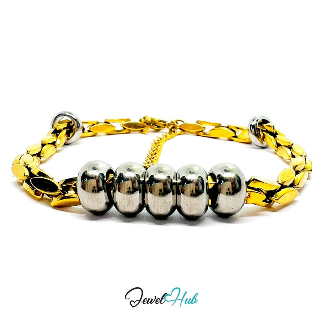 DuoTone 316L Stainless Steel Chain Bracelet - Gold Chain Silver Bead Focus - JewelHub.co.uk