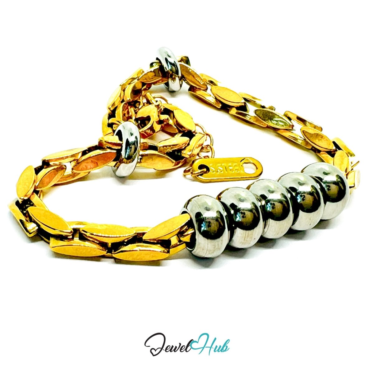 DuoTone 316L Stainless Steel Chain Bracelet - Gold Chain Silver Bead Focus - JewelHub.co.uk