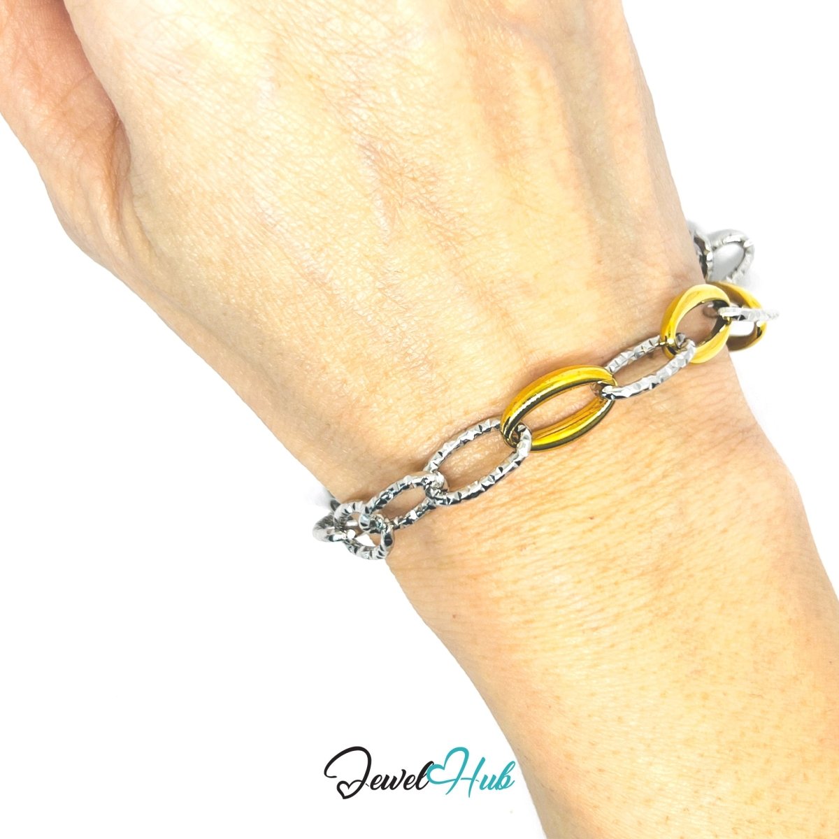 DuoTone 316L Stainless Steel Chain Bracelet – Golden Bold Oval Link - JewelHub.co.uk