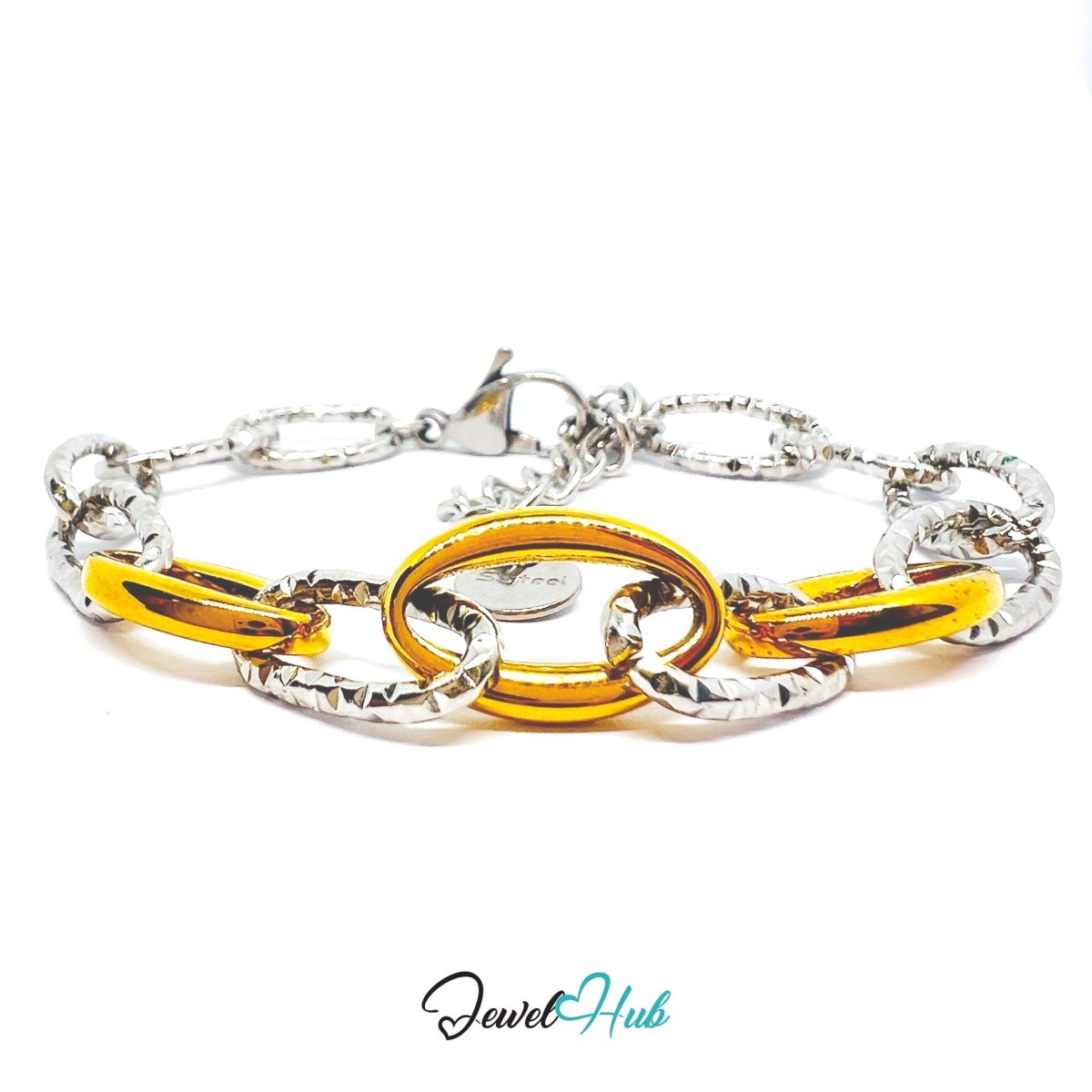 DuoTone 316L Stainless Steel Chain Bracelet – Golden Bold Oval Link - JewelHub.co.uk