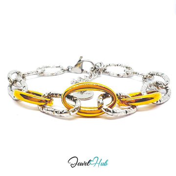 DuoTone 316L Stainless Steel Chain Bracelet – Golden Bold Oval Link - JewelHub.co.uk