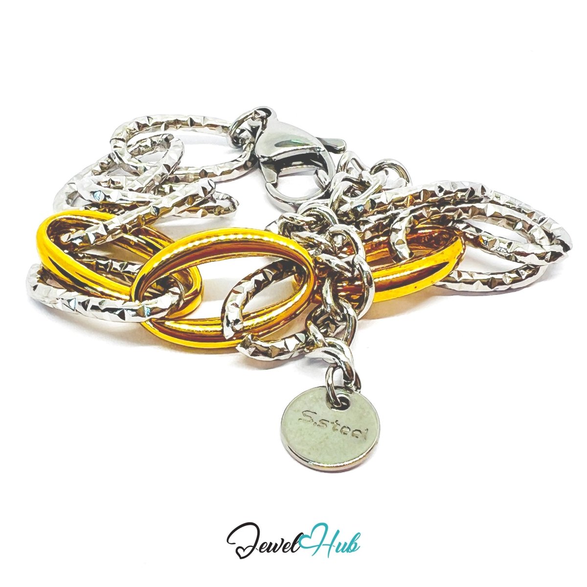 DuoTone 316L Stainless Steel Chain Bracelet – Golden Bold Oval Link - JewelHub.co.uk