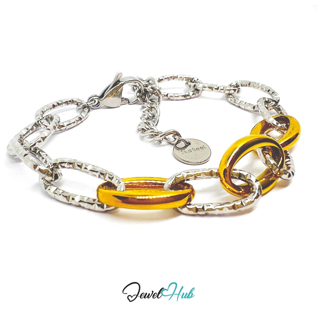 DuoTone 316L Stainless Steel Chain Bracelet – Golden Bold Oval Link - JewelHub.co.uk