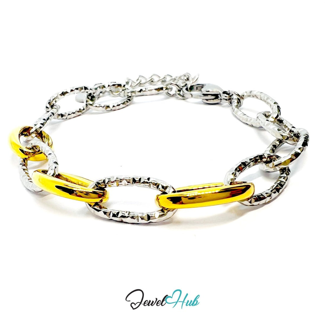 DuoTone 316L Stainless Steel Chain Bracelet – Golden Bold Oval Link - JewelHub.co.uk