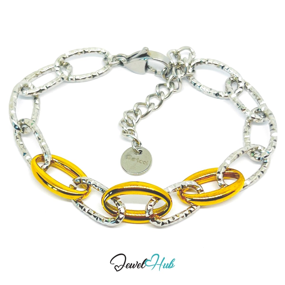 DuoTone 316L Stainless Steel Chain Bracelet – Golden Bold Oval Link - JewelHub.co.uk