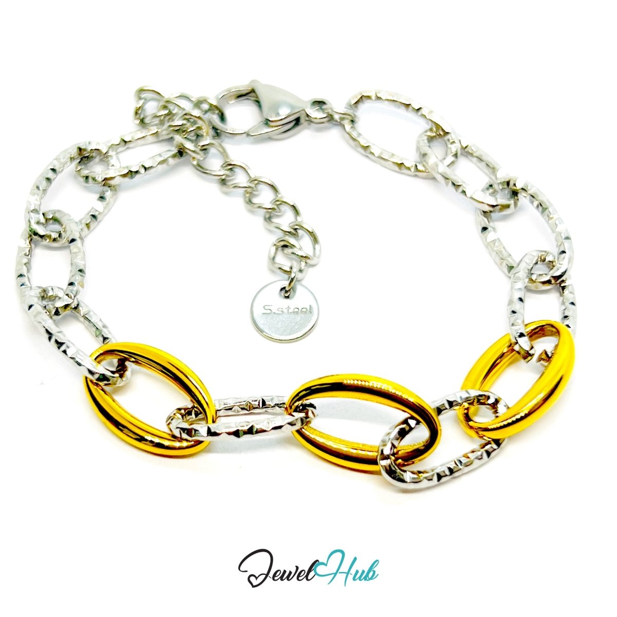 DuoTone 316L Stainless Steel Chain Bracelet – Golden Bold Oval Link - JewelHub.co.uk