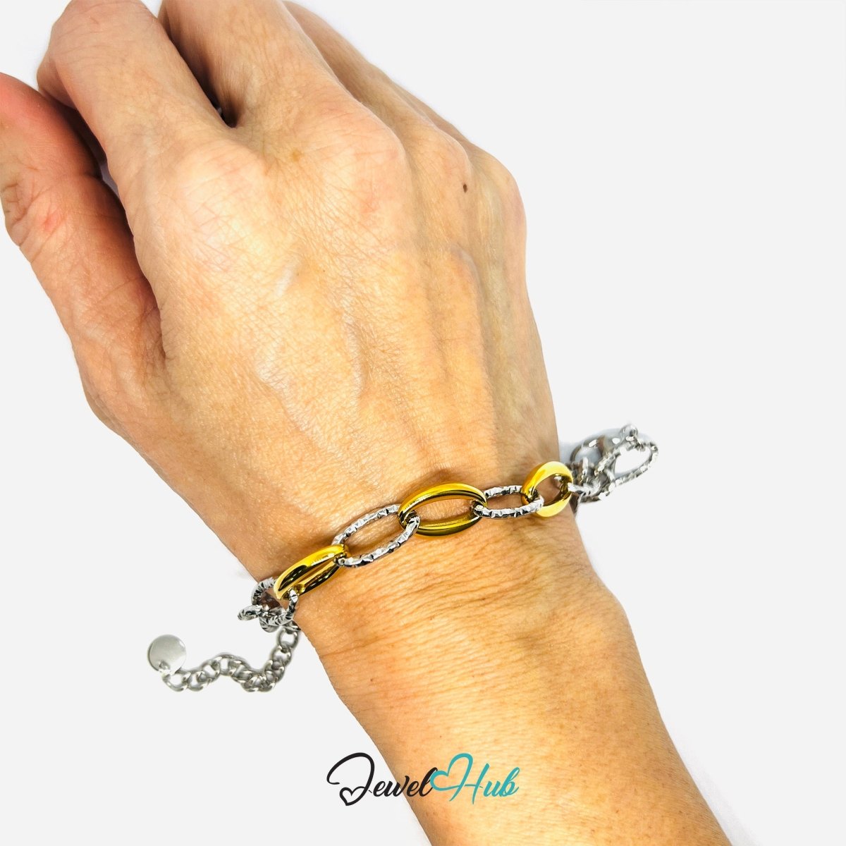 DuoTone 316L Stainless Steel Chain Bracelet – Golden Bold Oval Link - JewelHub.co.uk