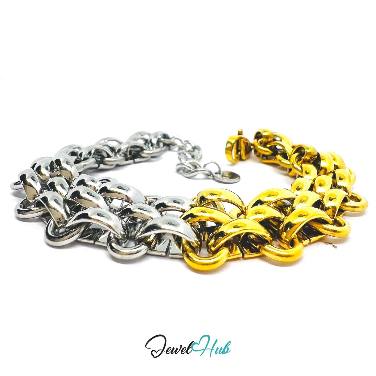 DuoTone 316L Stainless Steel Chain Bracelet – Half‑Split Curved Link - JewelHub.co.uk