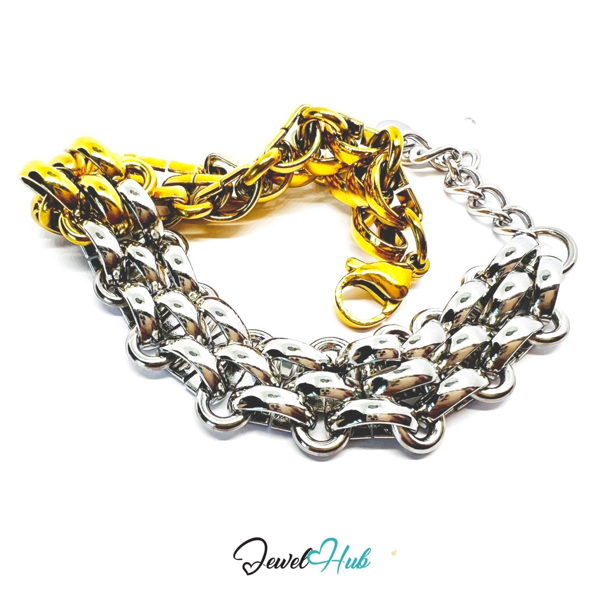 DuoTone 316L Stainless Steel Chain Bracelet – Half‑Split Curved Link - JewelHub.co.uk