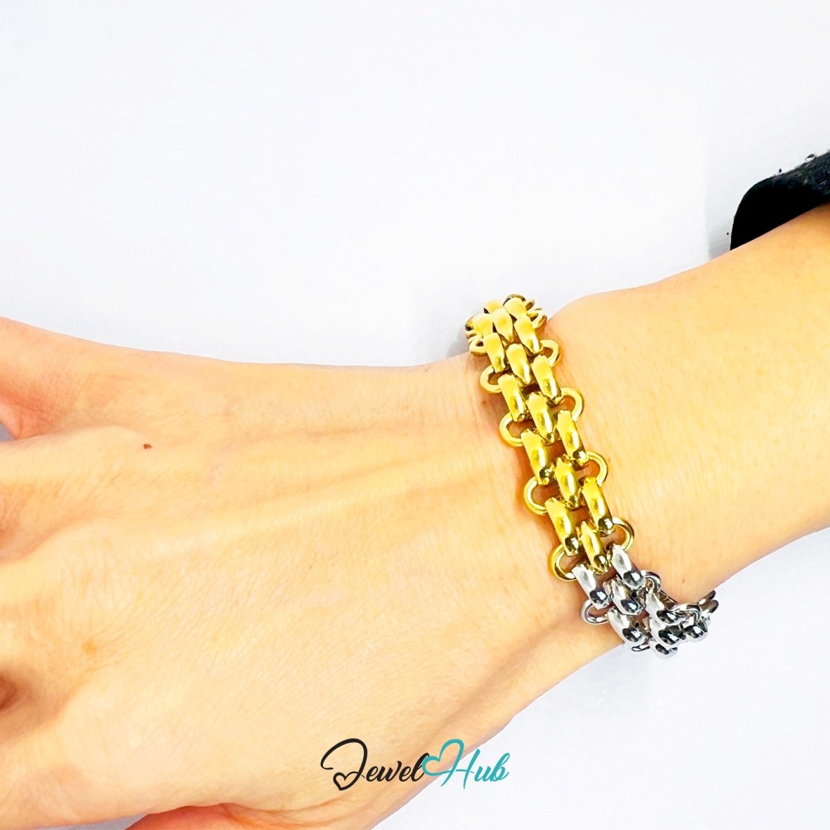 DuoTone 316L Stainless Steel Chain Bracelet – Half‑Split Curved Link - JewelHub.co.uk