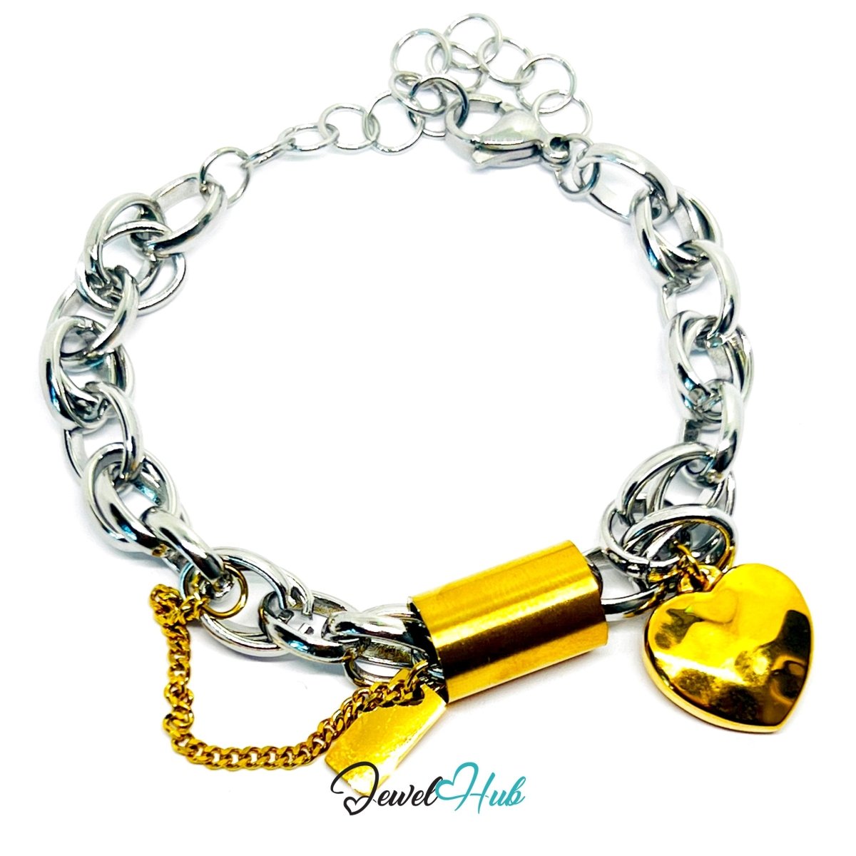 DuoTone 316L Stainless Steel Chain Bracelet - Heart & Circle Charm Edition - JewelHub.co.uk