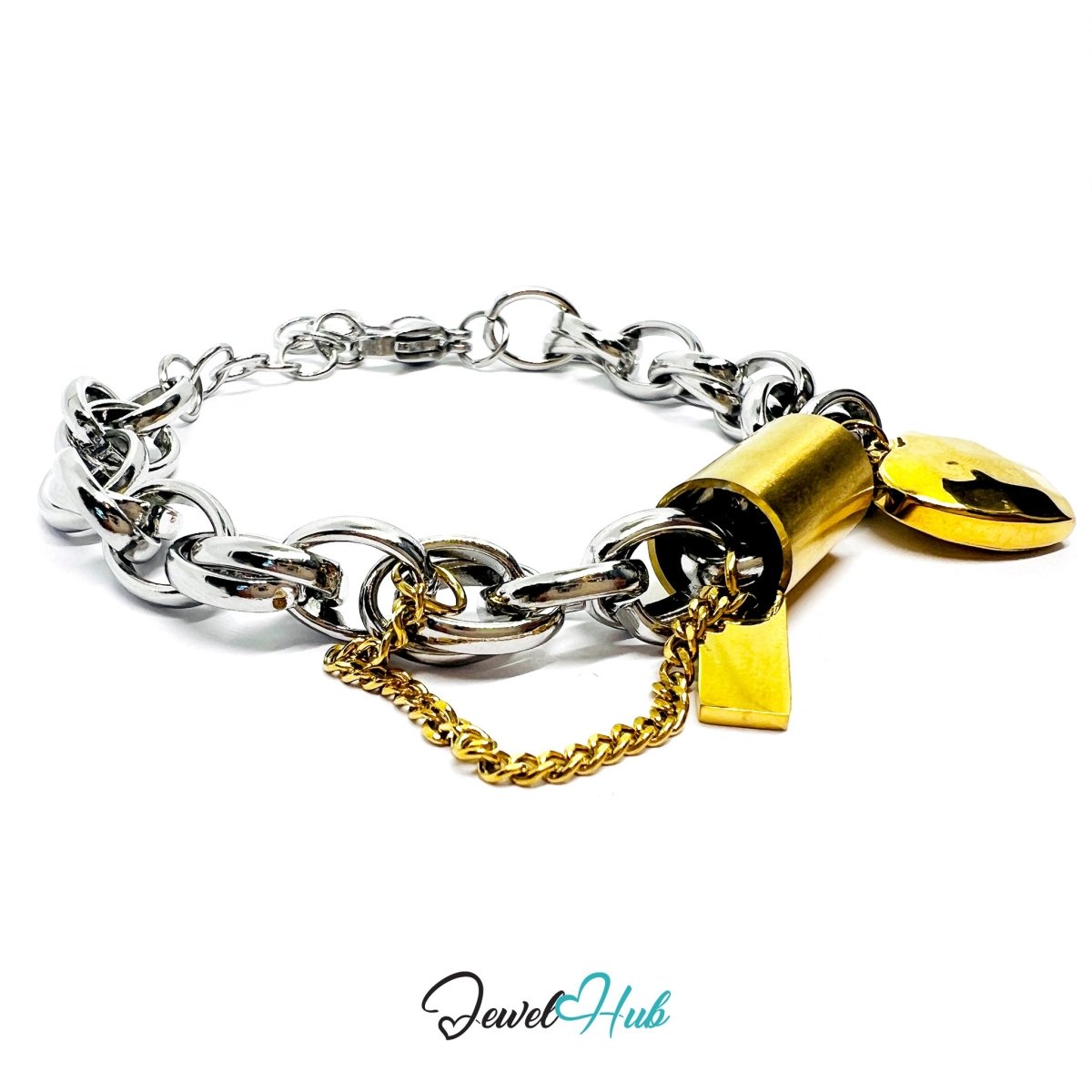 DuoTone 316L Stainless Steel Chain Bracelet - Heart & Circle Charm Edition - JewelHub.co.uk