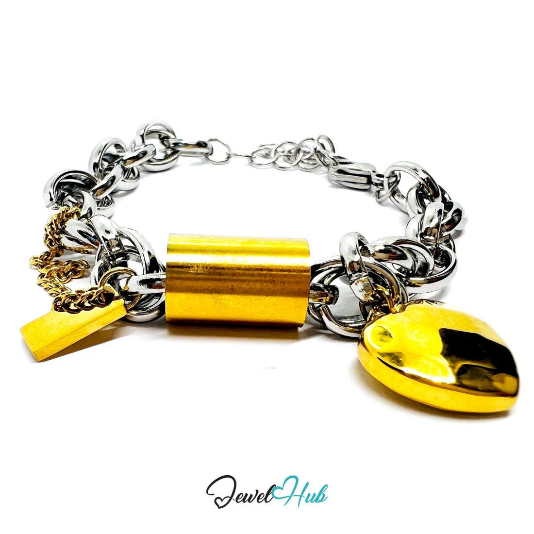 DuoTone 316L Stainless Steel Chain Bracelet - Heart & Circle Charm Edition - JewelHub.co.uk