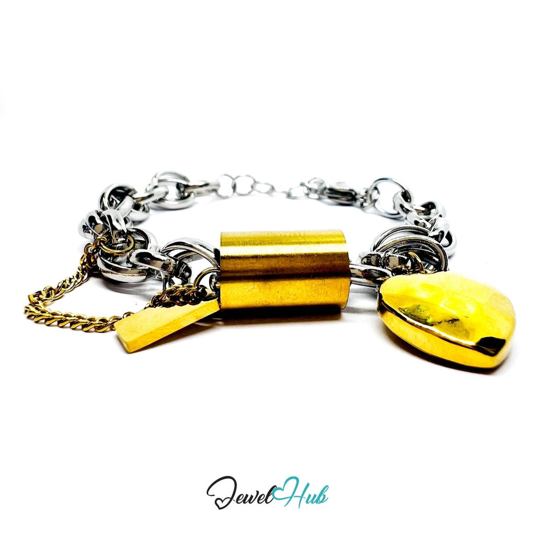 DuoTone 316L Stainless Steel Chain Bracelet - Heart & Circle Charm Edition - JewelHub.co.uk