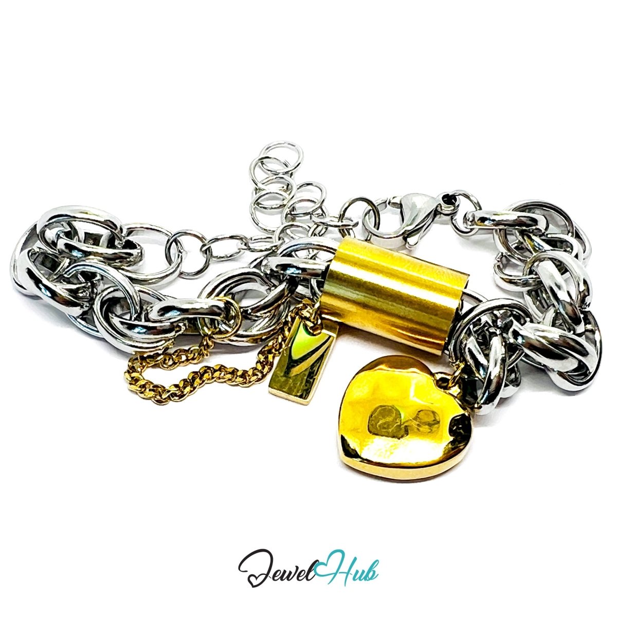 DuoTone 316L Stainless Steel Chain Bracelet - Heart & Circle Charm Edition - JewelHub.co.uk