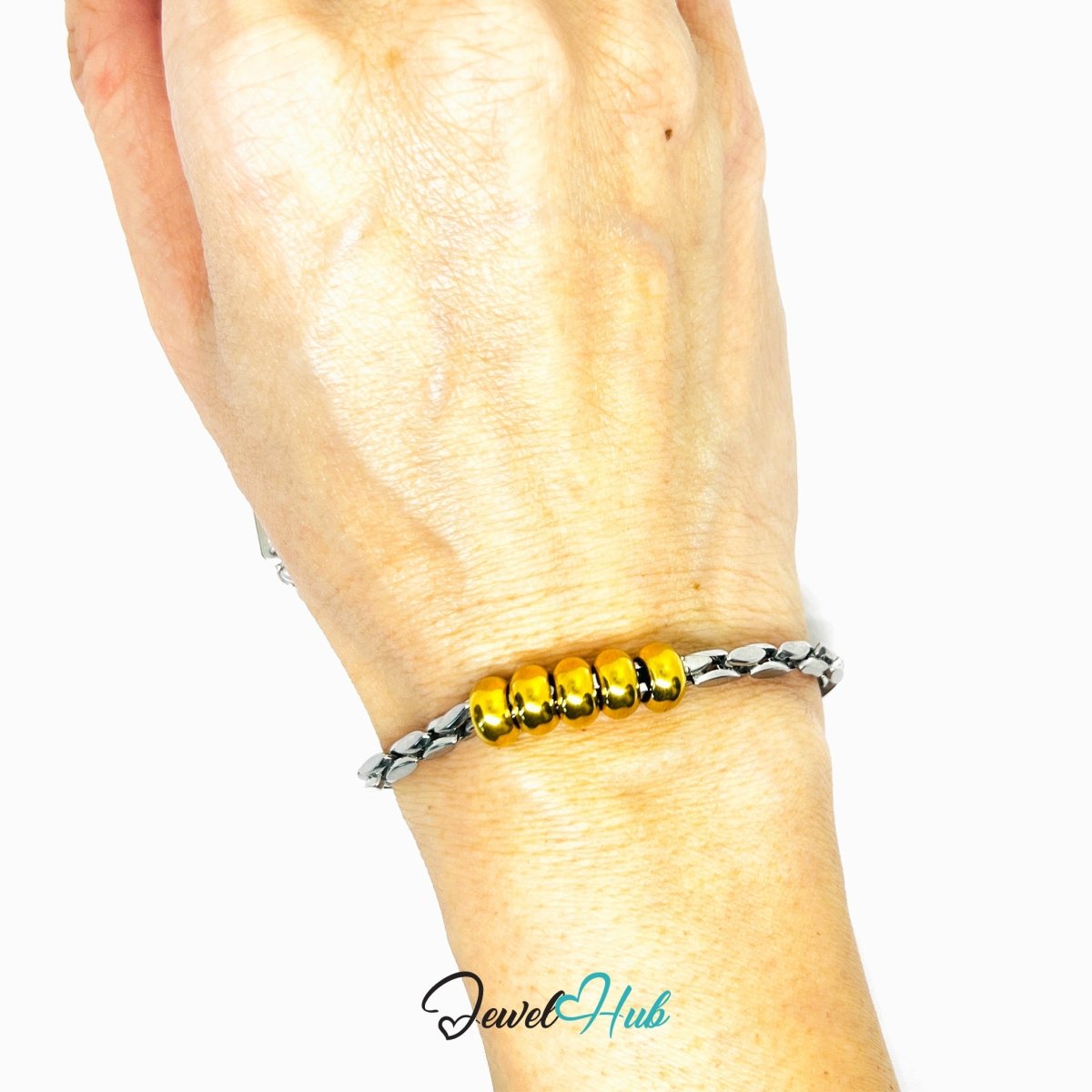 DuoTone 316L Stainless Steel Chain Bracelet - Silver Chain Gold Bead Focus - JewelHub.co.uk