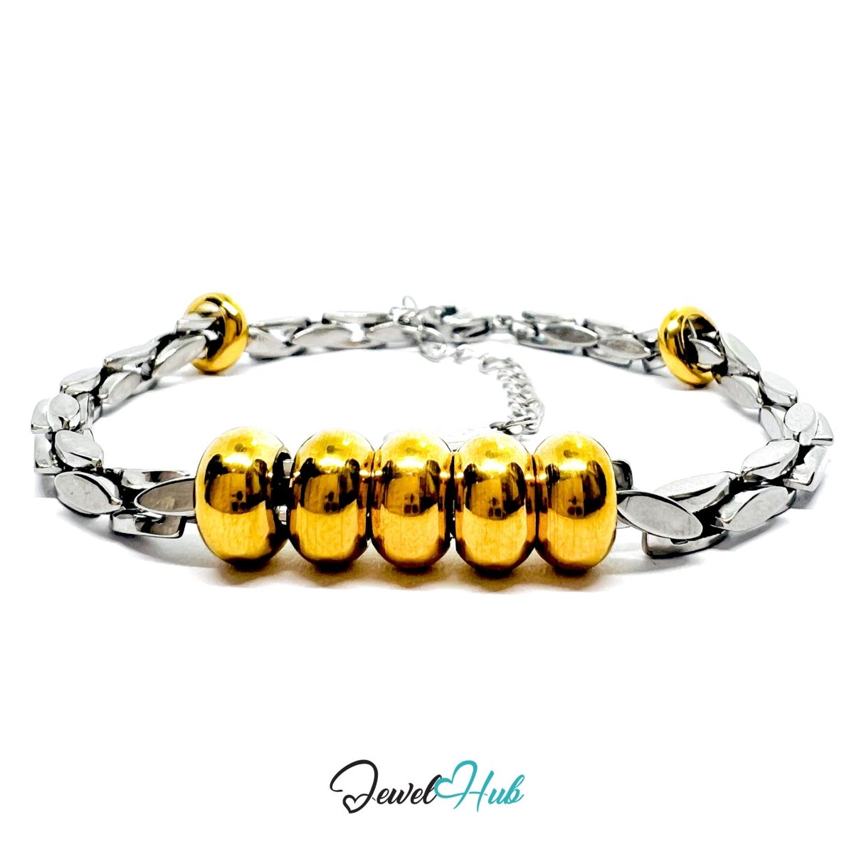 DuoTone 316L Stainless Steel Chain Bracelet - Silver Chain Gold Bead Focus - JewelHub.co.uk