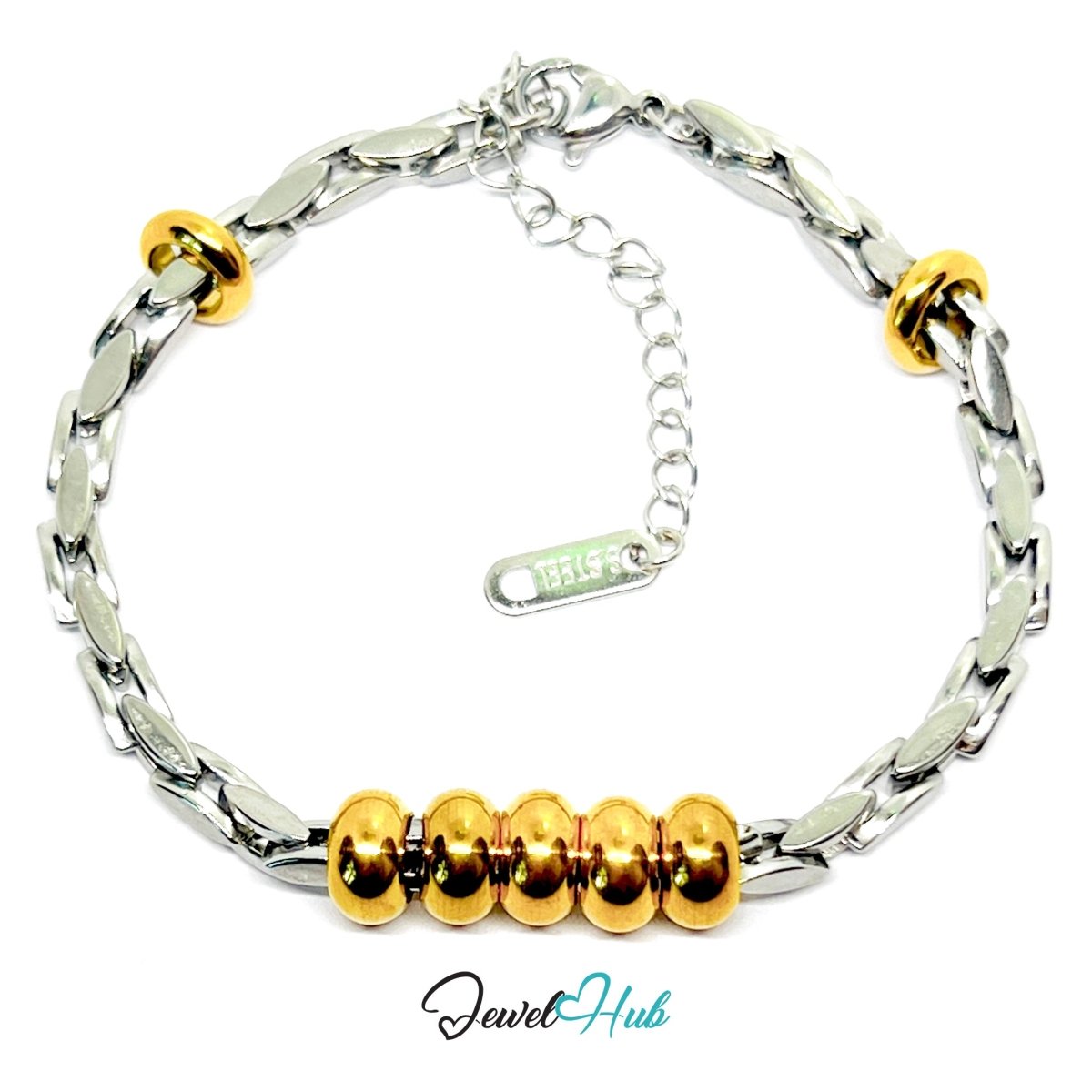 DuoTone 316L Stainless Steel Chain Bracelet - Silver Chain Gold Bead Focus - JewelHub.co.uk