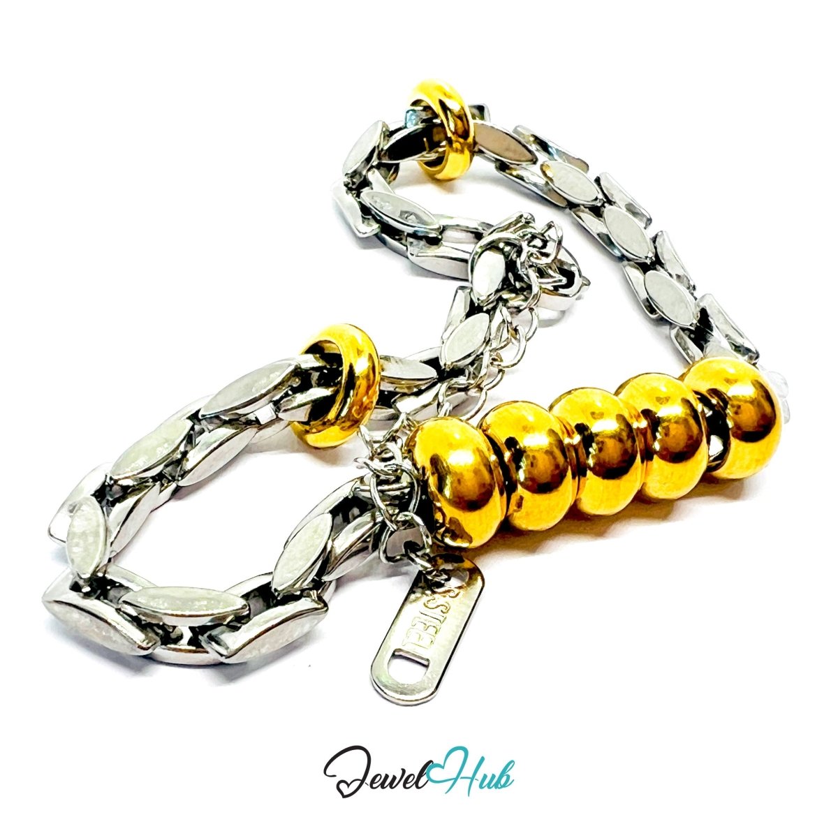 DuoTone 316L Stainless Steel Chain Bracelet - Silver Chain Gold Bead Focus - JewelHub.co.uk