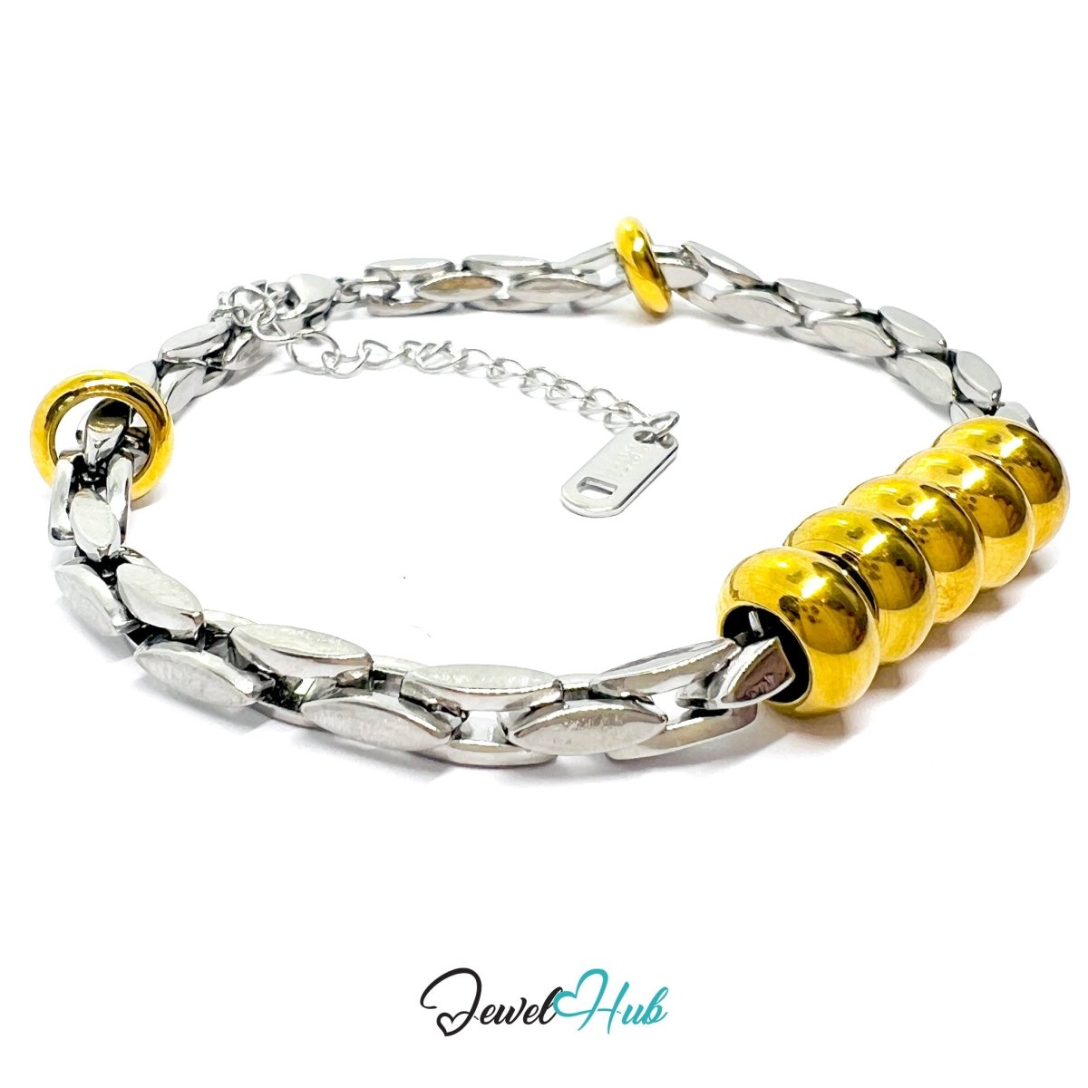 DuoTone 316L Stainless Steel Chain Bracelet - Silver Chain Gold Bead Focus - JewelHub.co.uk