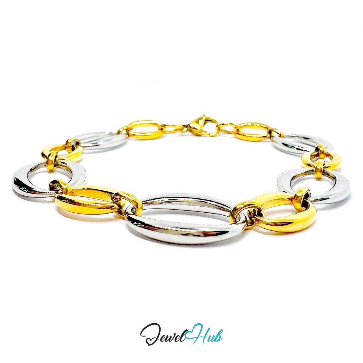DuoTone 316L Stainless Steel Chain Bracelet – Silver Oval Statement - JewelHub.co.uk