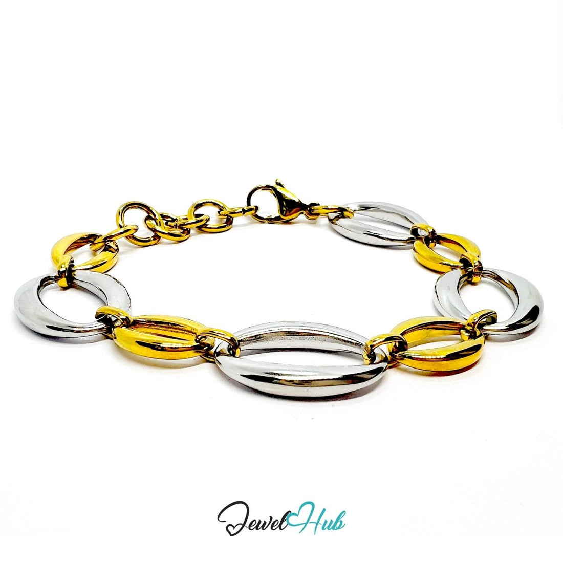 DuoTone 316L Stainless Steel Chain Bracelet – Silver Oval Statement - JewelHub.co.uk