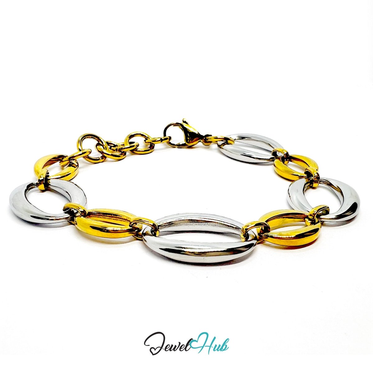 DuoTone 316L Stainless Steel Chain Bracelet – Silver Oval Statement - JewelHub.co.uk