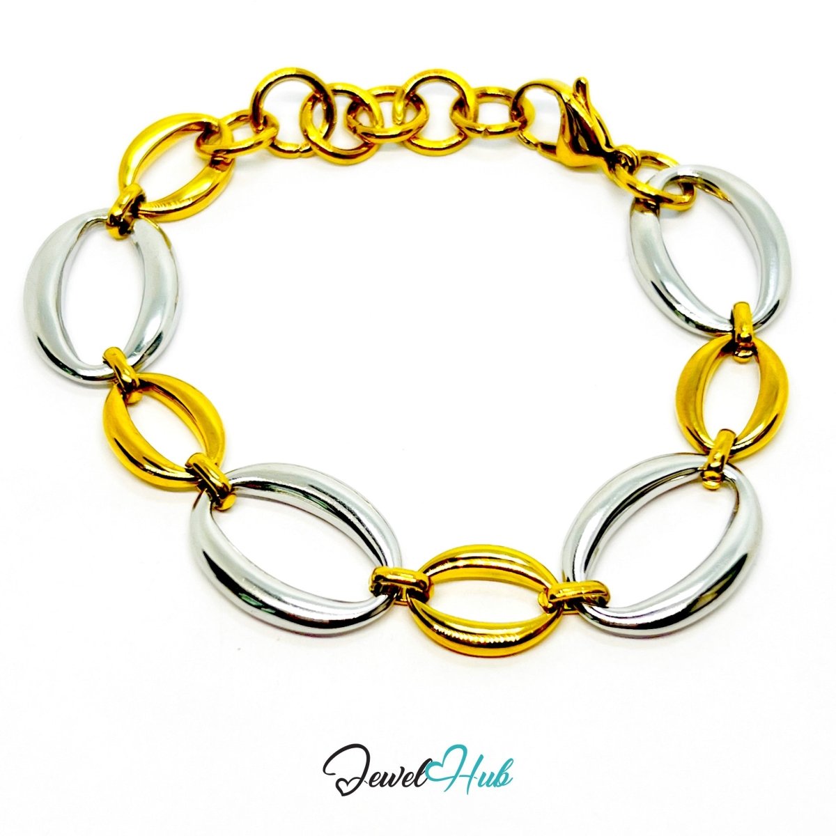 DuoTone 316L Stainless Steel Chain Bracelet – Silver Oval Statement - JewelHub.co.uk