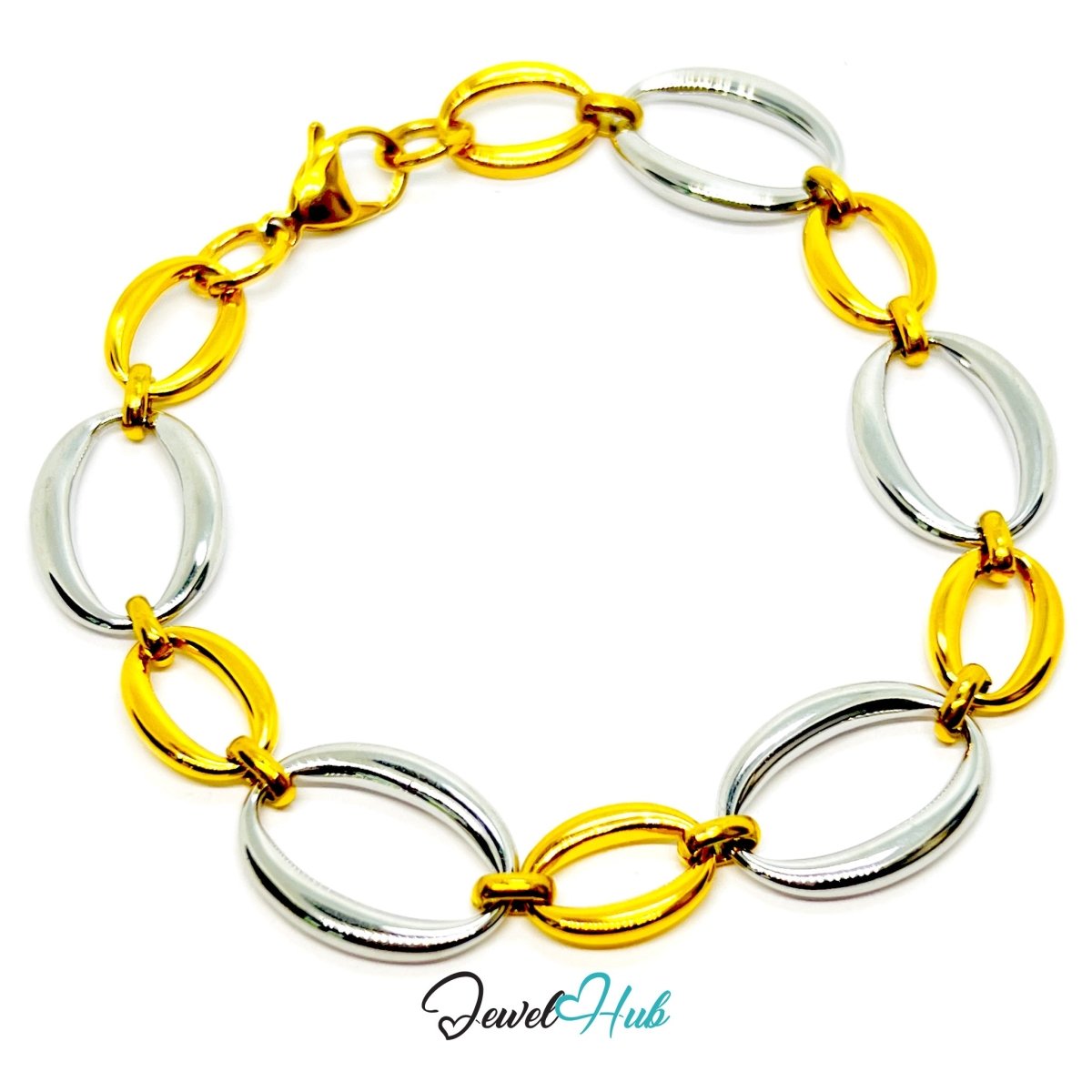 DuoTone 316L Stainless Steel Chain Bracelet – Silver Oval Statement - JewelHub.co.uk