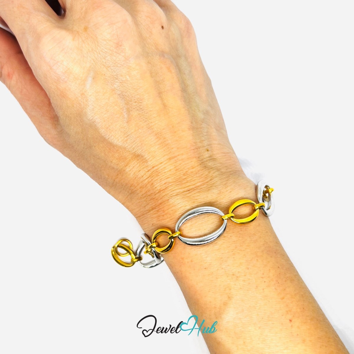 DuoTone 316L Stainless Steel Chain Bracelet – Silver Oval Statement - JewelHub.co.uk