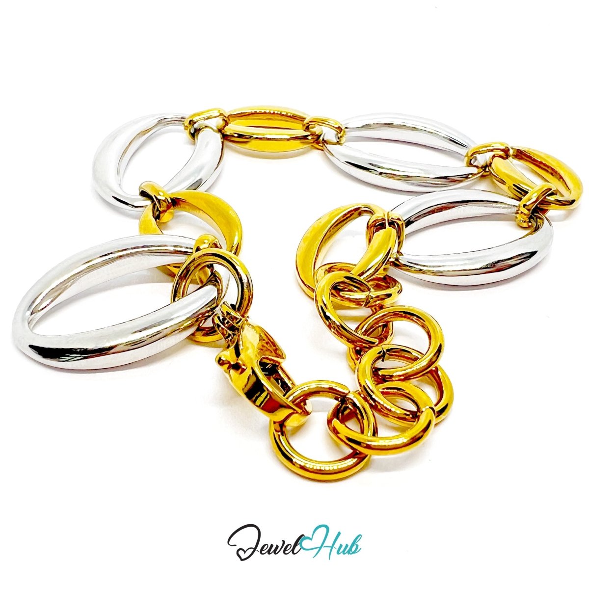 DuoTone 316L Stainless Steel Chain Bracelet – Silver Oval Statement - JewelHub.co.uk