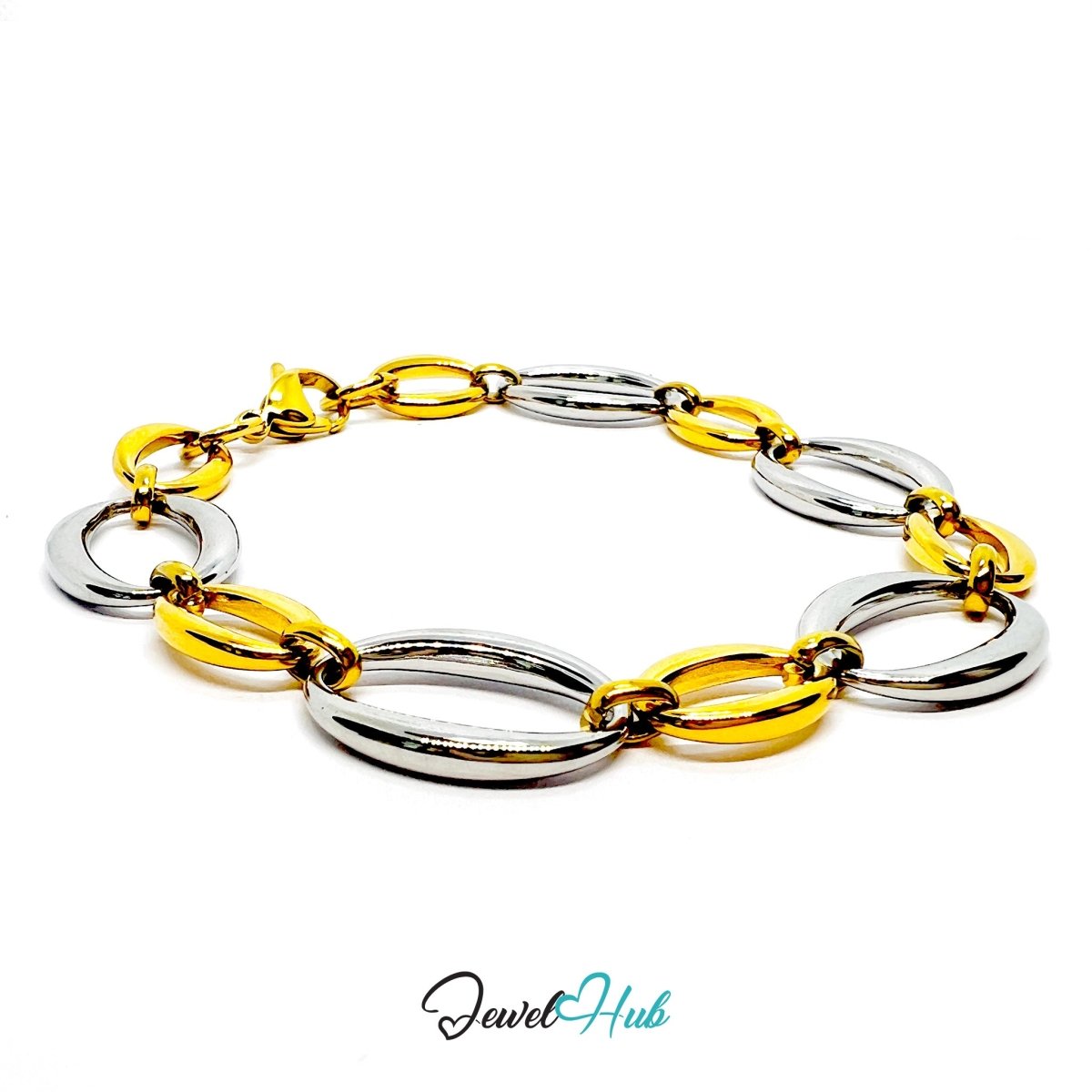 DuoTone 316L Stainless Steel Chain Bracelet – Silver Oval Statement - JewelHub.co.uk