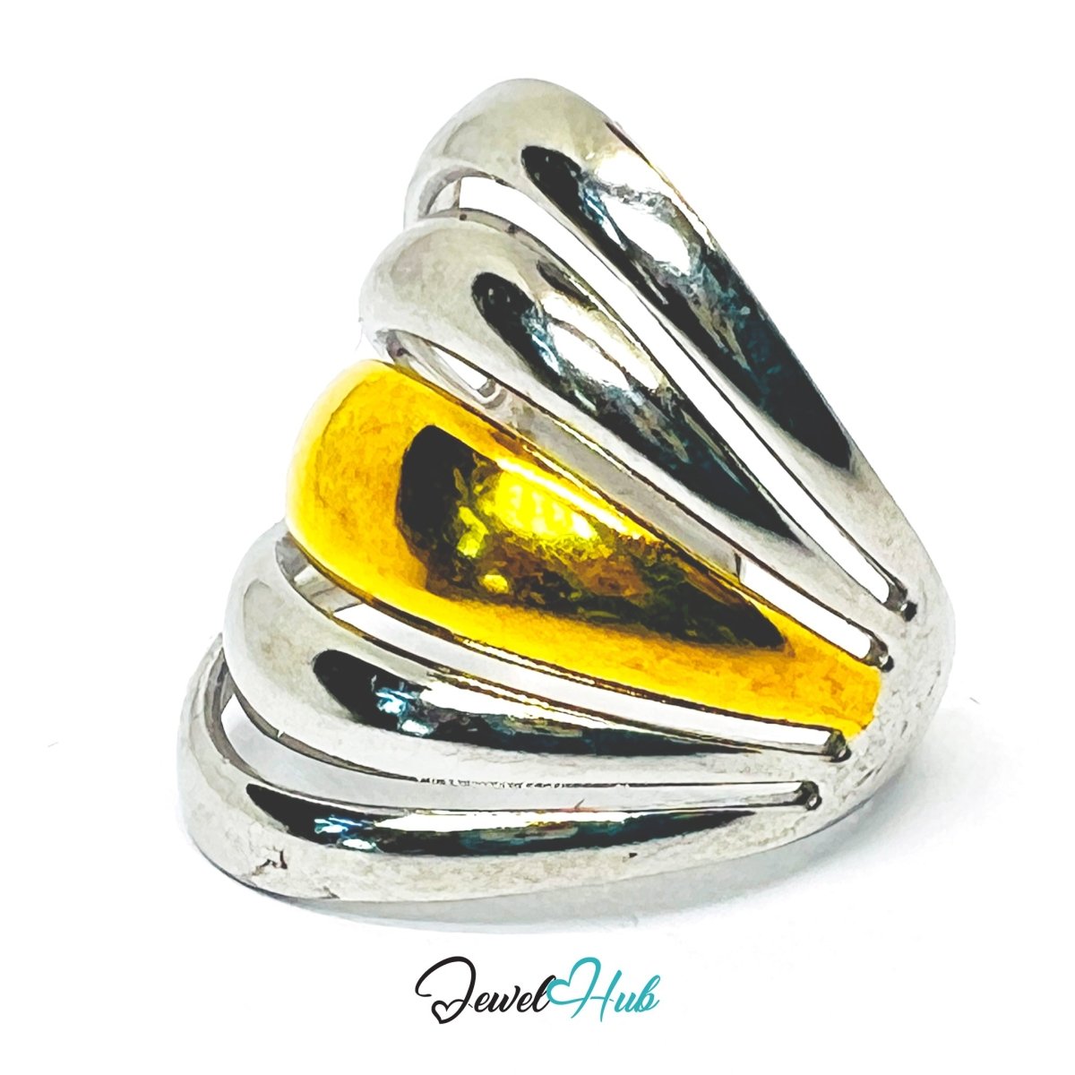 DuoTone BandArc Ring · Stainless Steel · Fixed Open - End PQR · Gold & Silver Sculptural Band - JewelHub.co.uk