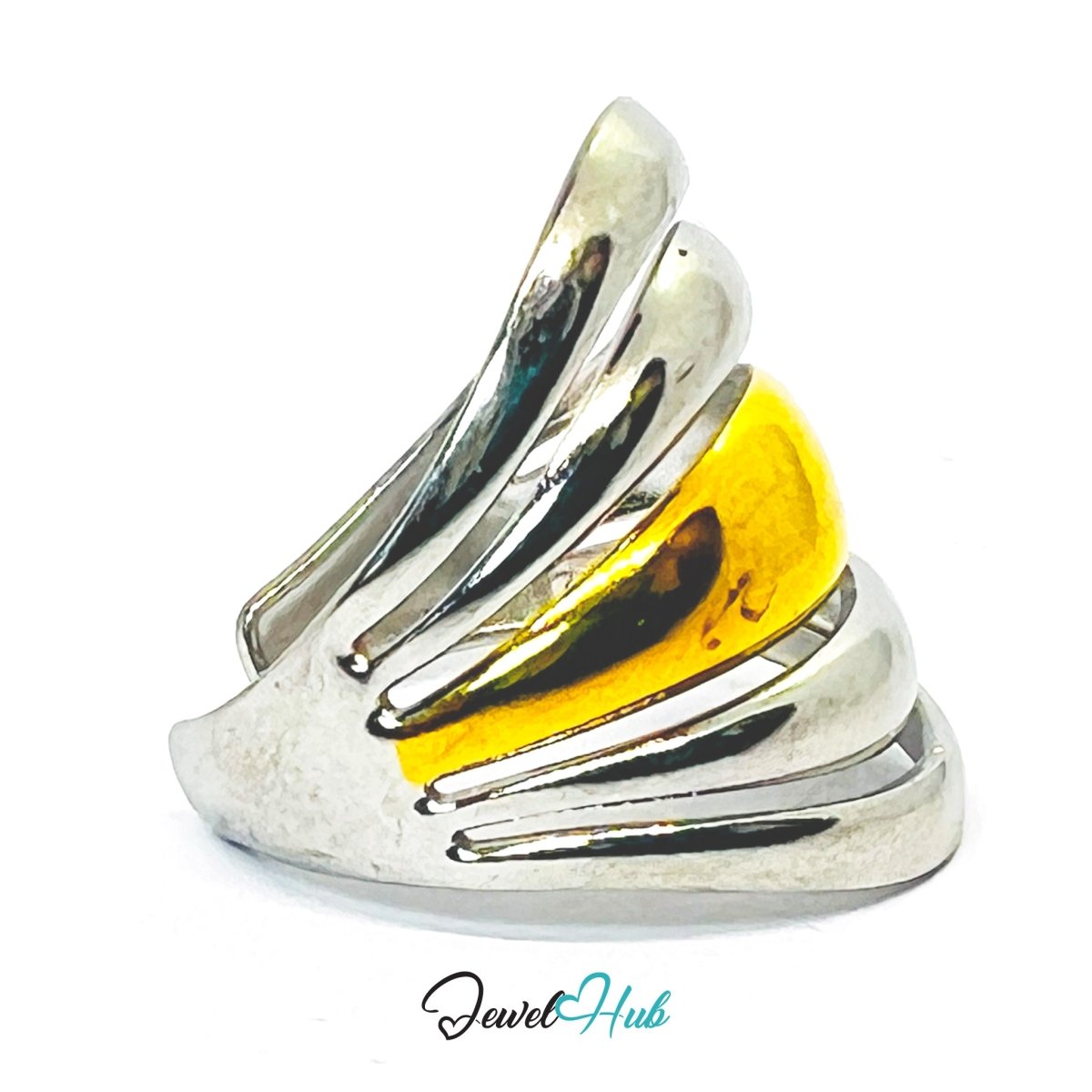 DuoTone BandArc Ring · Stainless Steel · Fixed Open - End PQR · Gold & Silver Sculptural Band - JewelHub.co.uk