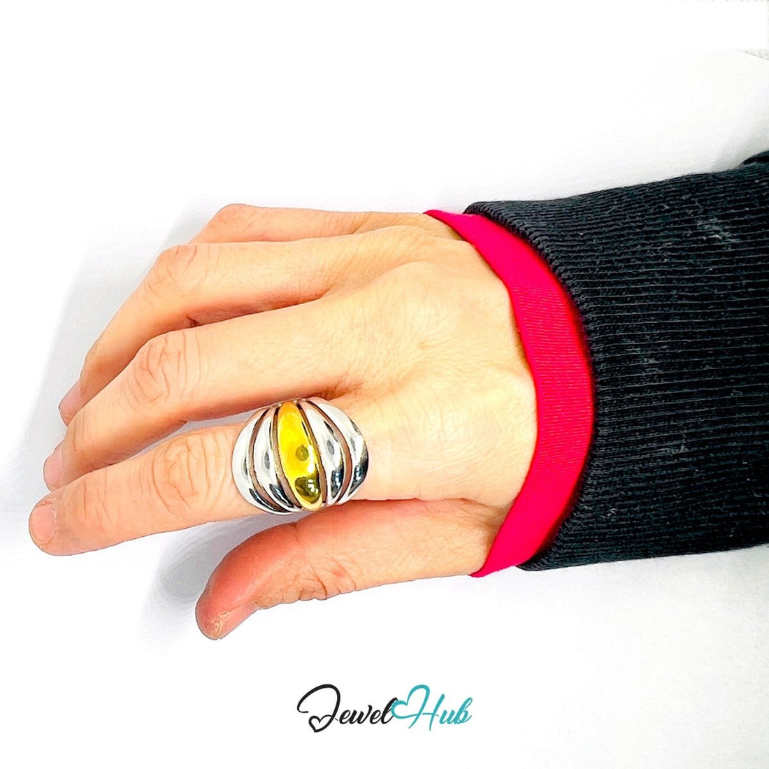 DuoTone BandArc Ring · Stainless Steel · Fixed Open - End PQR · Gold & Silver Sculptural Band - JewelHub.co.uk